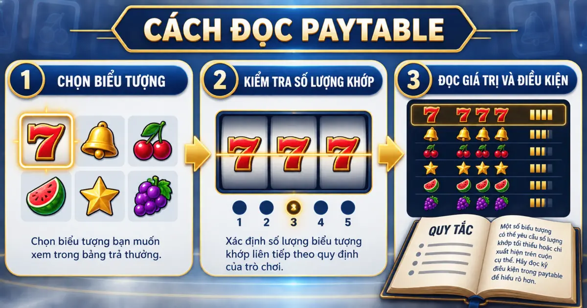 Ba bước đọc biểu tượng số lượng và điều kiện trong Paytable