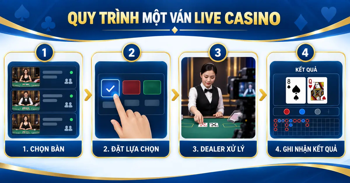 Quy trình một ván Live Casino từ chọn bàn đến ghi nhận kết quả