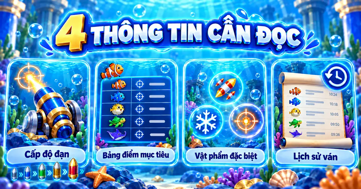 Bốn thông tin của Bắn Cá LLWIN gồm cấp độ đạn, bảng điểm mục tiêu, vật phẩm và lịch sử ván