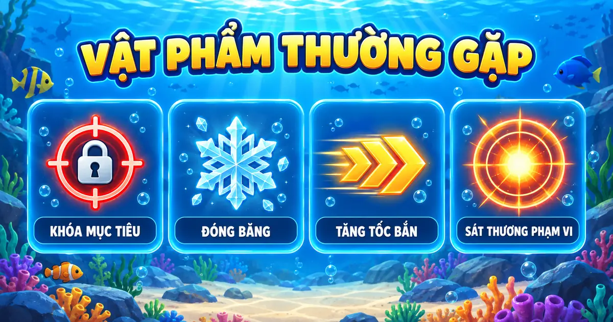Các vật phẩm bắn cá gồm khóa mục tiêu, đóng băng, tăng tốc và sát thương phạm vi